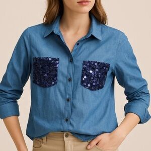Alice Blue Denim Shirt with Navy Sequin Front Pockets S